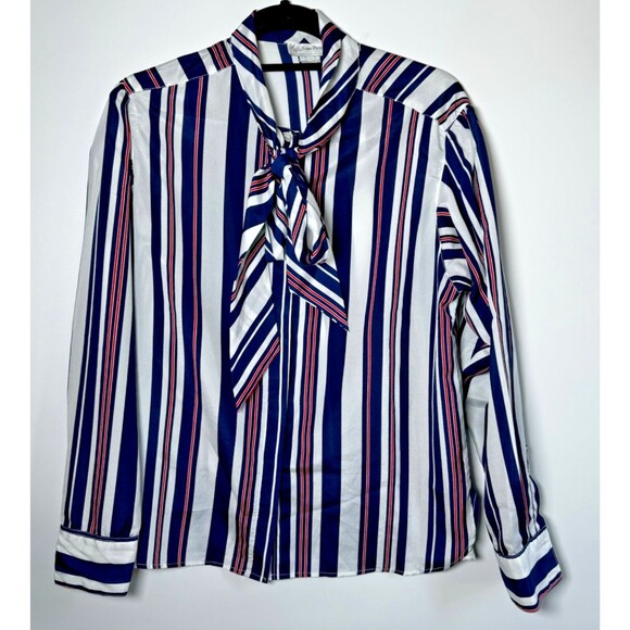 Vintage Evan Picone Neck Bow Blouse Womens 14 Striped Blue Red White Union Made - Picture 1 of 14